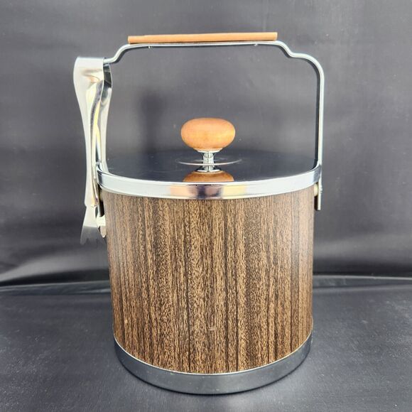 Atapco Chrome Wood Ice Bucket Vintage MCM w Lid Plastic Liner Tongs VTG Barware - Picture 2 of 13